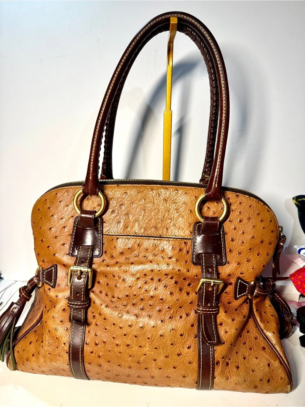 Dooney & Bourke Tan Ostrich-Style Satchel with Dark Brown Trim